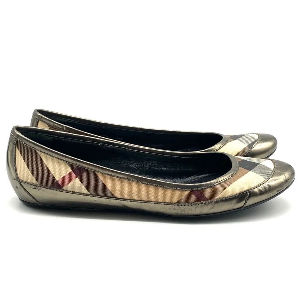BURBERRY NOVA CHECK PEWTER GUNMETAL SILVER LEATHER BALLET FLAT SHOES 39.5 / 8.5 - Picture 3 of 7